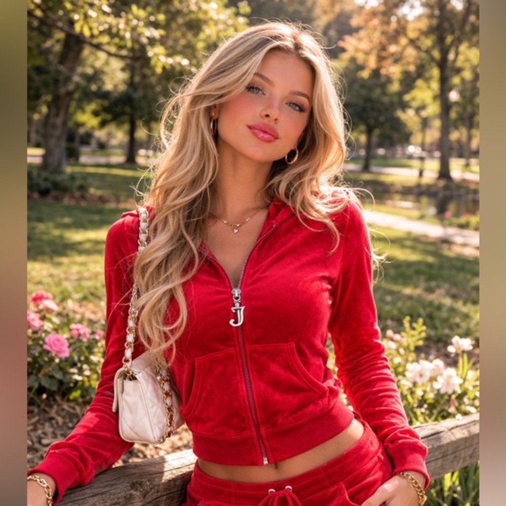 Juicy Couture Red Velour Zip Hoodie Y2K Rhinestone Tracksuit Jacket